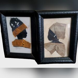 Set of 2 African Lady Silhouettes Handmade Framed Art Fabric Artisan